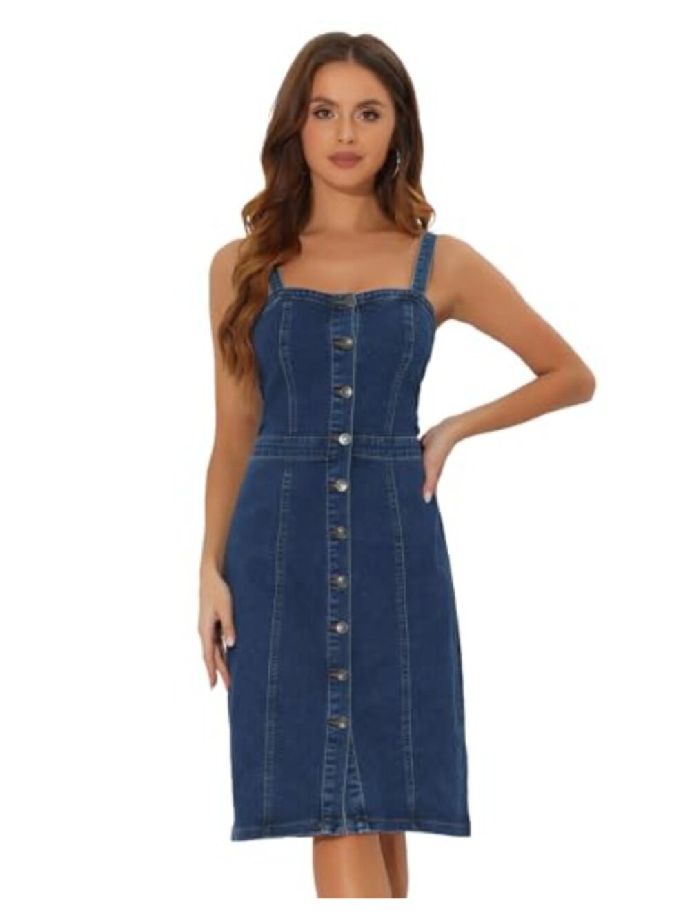 Button Down Midi Denim Dress Sweetheart Neck Cotton Blend Casual